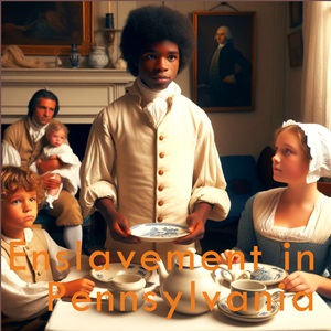 A Black child in colonial garb serves a wealthy white family at dinner.